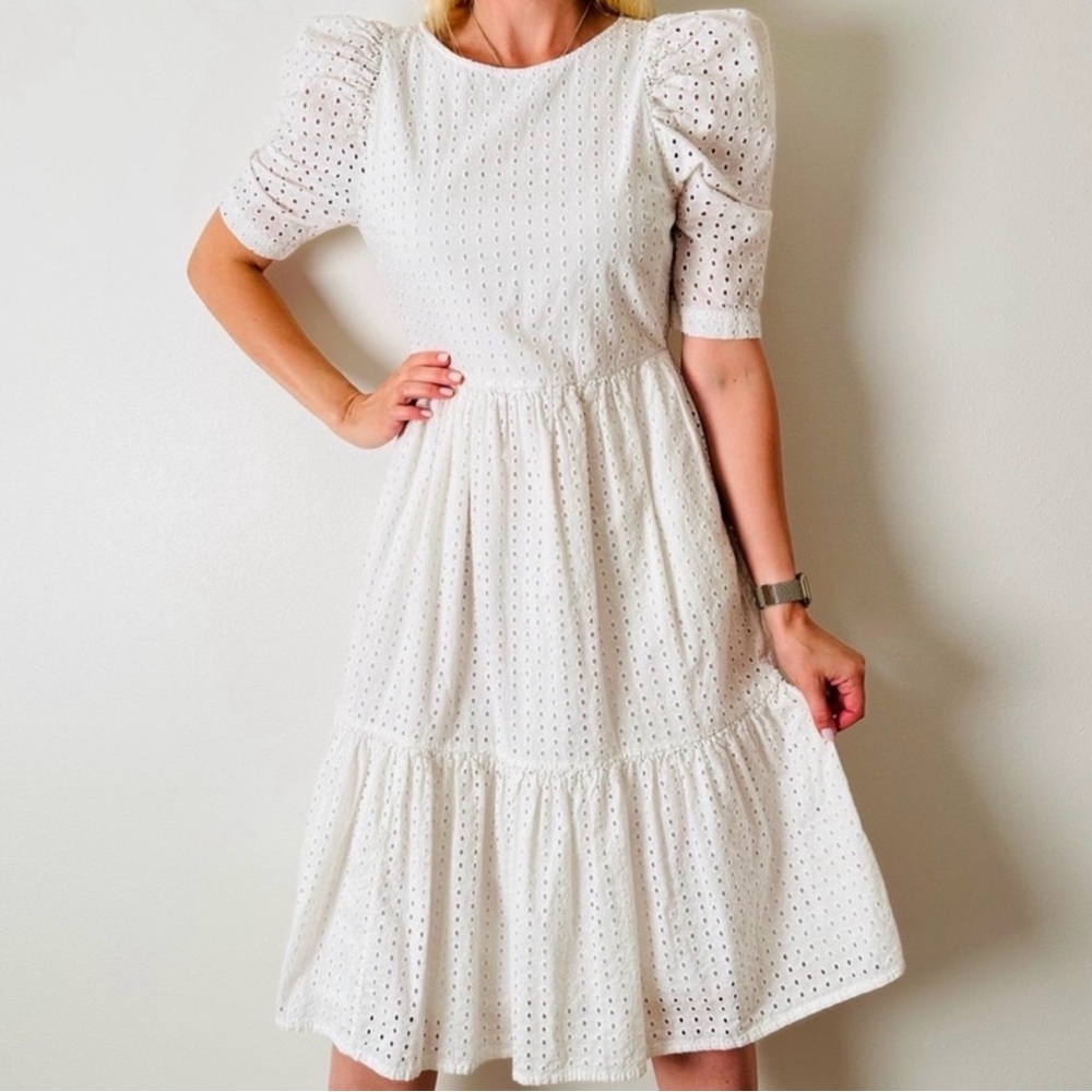 A New Day White Eyelet Midi Dress 100% Cotton Puff Sleeve Pockets LWD Bride L - Picture 2 of 11